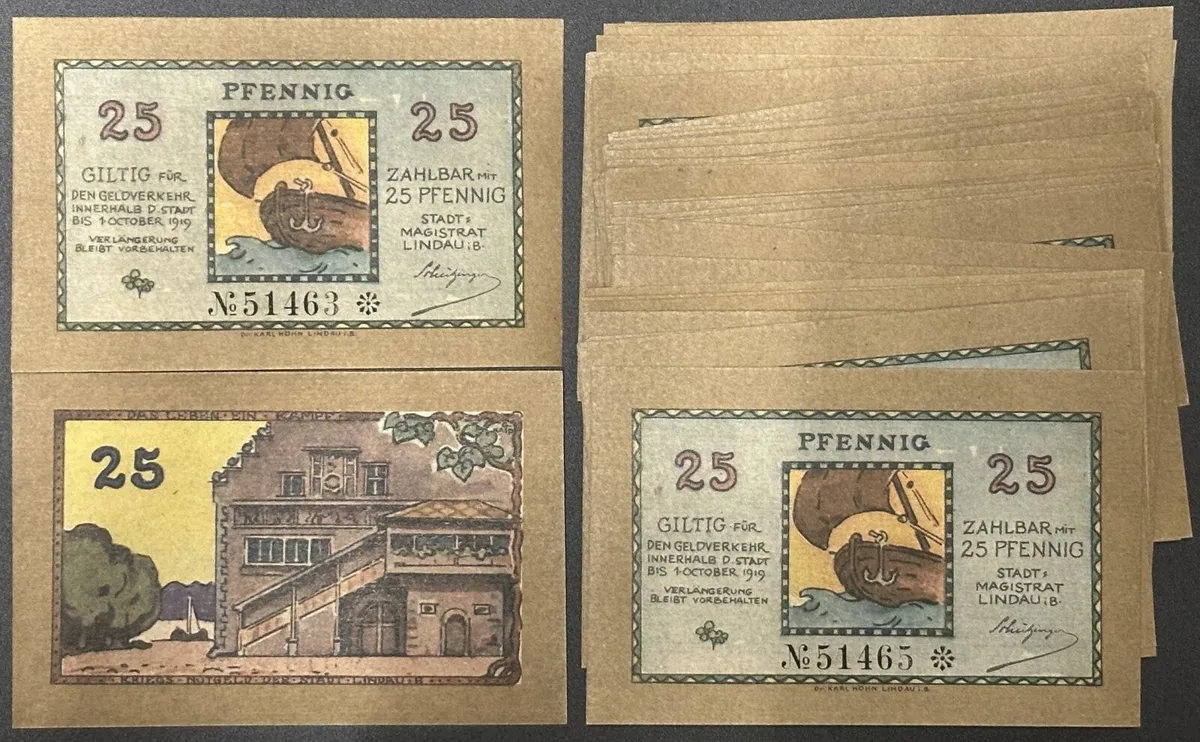 1918-1919 GERMANY. Notgeld. LINDAU 46 x 25 Pfennig 1918-1919, many consecutive numbers UNC