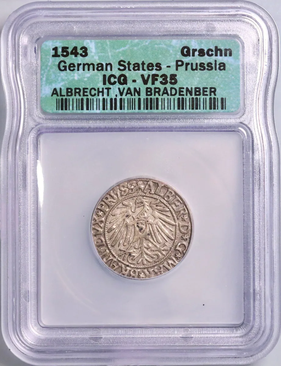 German States, Prussia: Albert I (1525-1568), silver groschen, 1543 CE. ICG VF35.