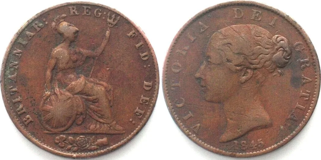 1845 RRR! GREAT BRITAIN. Halfpenny 1845 VICTORIA copper, KEY DATE! VF