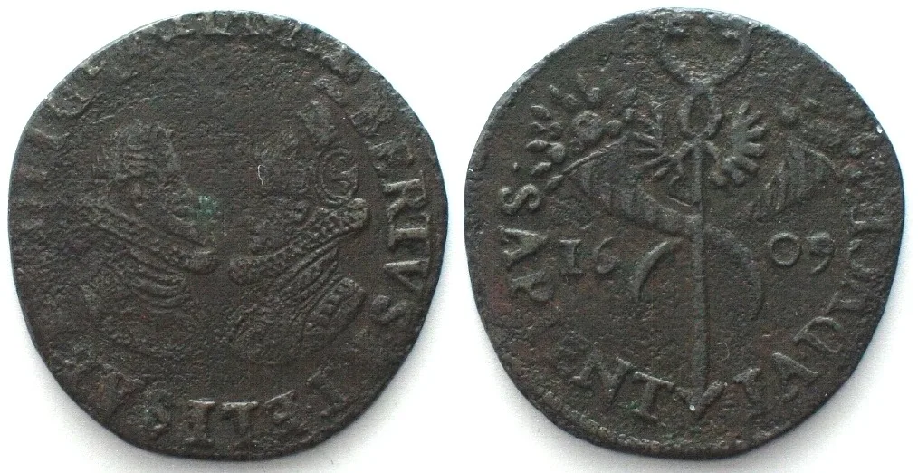 1609 SPANISH NL - BRABANT. AE Reckoning token 1609 SAPIENT IA DVCE, ALBERT & ISABELLA VF+