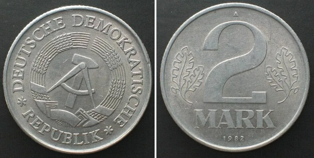 1982 GERMAN DEMOCRATIC REPUBLIC 2 Mark 1982 A Alu DIE ROTATION MINT ERROR AU
