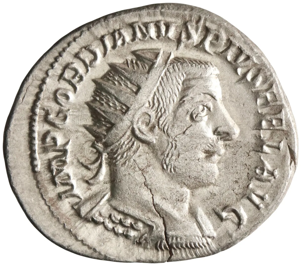 Roman: Gordian III (238-244), silver antoninianus (4.14g), Antioch mint, 242-244 CE. Radiate, draped, and cuirassed bust right / Fortuna seated left, holding rudder and cornucopiae.