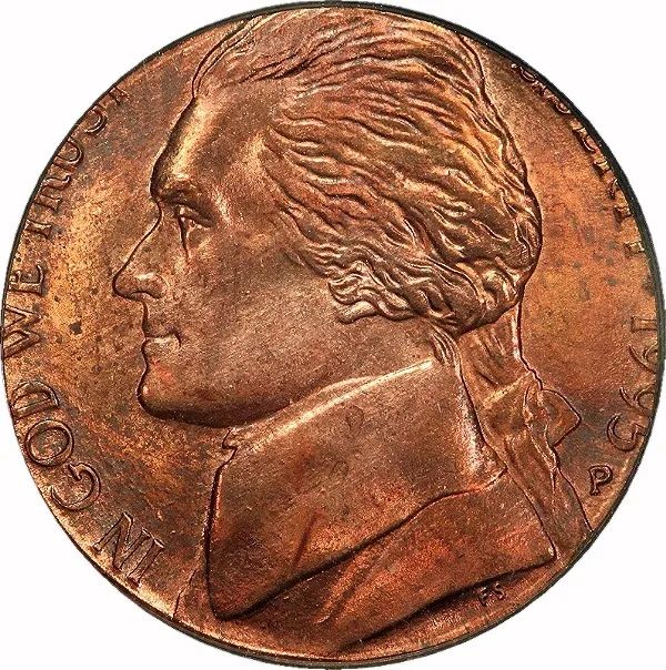 Jefferson Nickel, 1995, Struck on Cent Planchet, 5¢, MS63 RB, PCGS