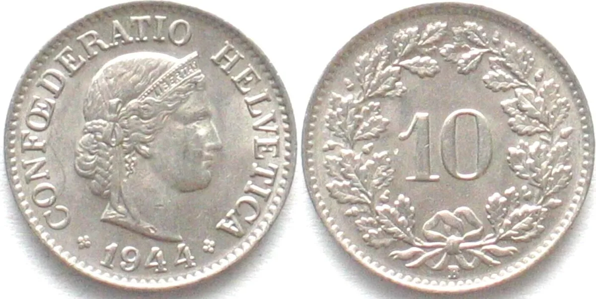 1944 SWITZERLAND 10 Rappen 1944 Cu-Ni UNC!!!
