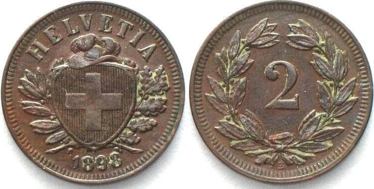 1898 SWITZERLAND 2 Rappen 1898 bronze KEY DATE! UNC-!