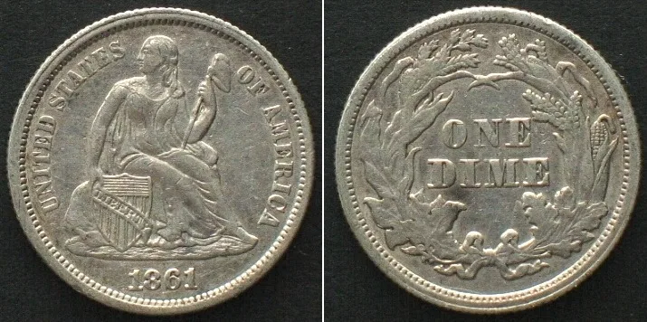 1861 USA 1861 Philadelphia mint SEATED LIBERTY DIME, low date variety, silver AU!