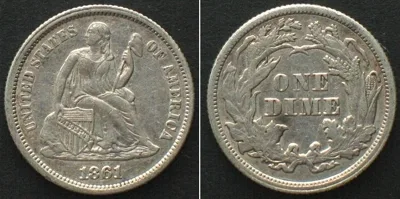 1861 USA 1861 Philadelphia mint SEATED LIBERTY DIME, low date variety, silver AU!