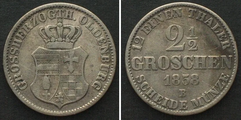 1858 OLDENBURG 2-1/2 Groschen 1858 B, NICOLAUS FRIEDRICH PETER silver VF+