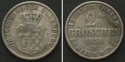 1858 OLDENBURG 2-1/2 Groschen 1858 B, NICOLAUS FRIEDRICH PETER silver VF+