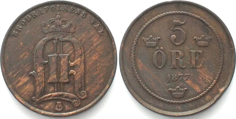 1877 SWEDEN. 5 Öre 1877, OSCAR II, bronze, KEY DATE, VF-XF VF-EF