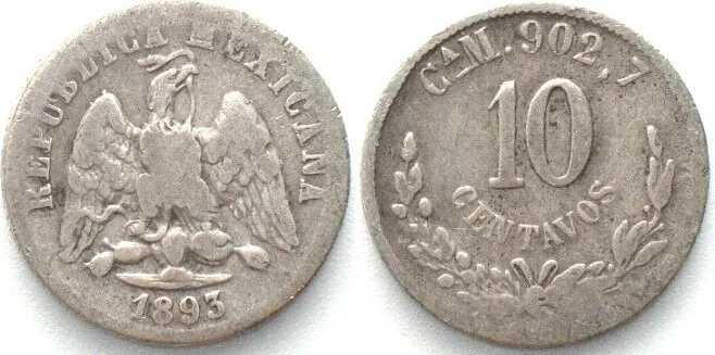 1893 MEXICO. 10 Centavos 1893 Ca M, silver, VF