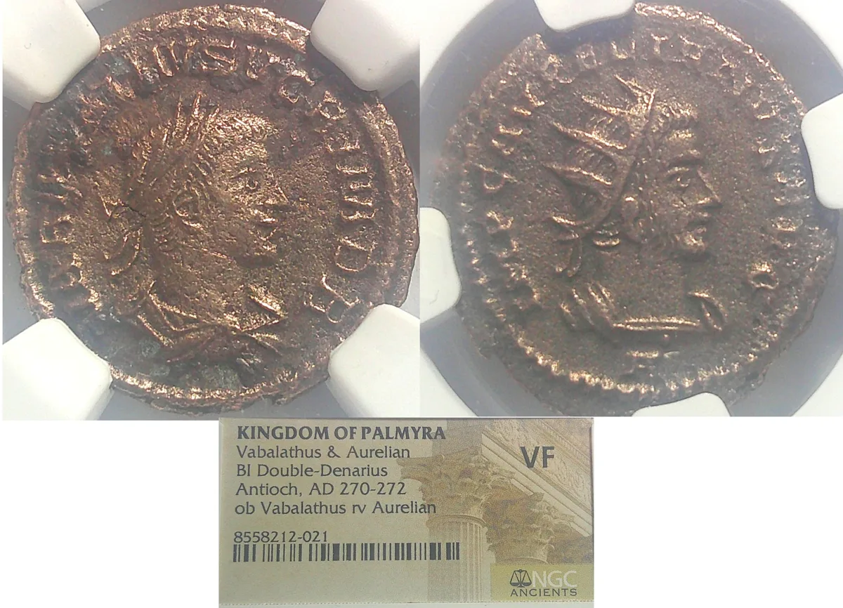 KINGDOM OF PALMRYA Vabalathus & Aurelian BI Double-Derarius, Antioch, AD 270-272, NGC VF ob. Vabalathus rv. Aurelian
