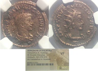 KINGDOM OF PALMRYA Vabalathus & Aurelian BI Double-Derarius, Antioch, AD 270-272, NGC VF ob. Vabalathus rv. Aurelian