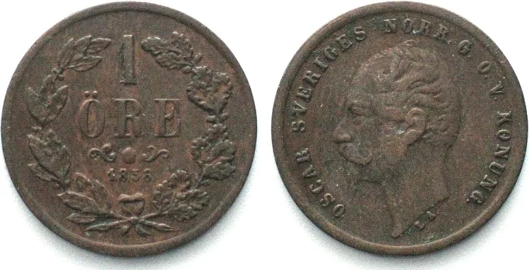 1858 SWEDEN 1 Öre 1858 L.A., OSCAR I, bronze XF! EF