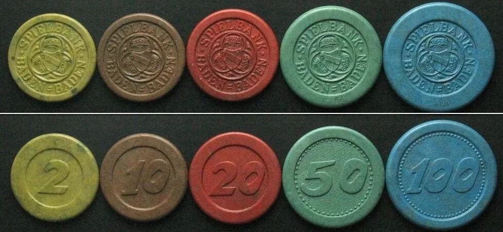 1933 CASINO BADEN-BADEN Gaming tokens 1933, 2nd series, 2,10,20,50,100 AU
