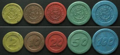1933 CASINO BADEN-BADEN Gaming tokens 1933, 2nd series, 2,10,20,50,100 AU
