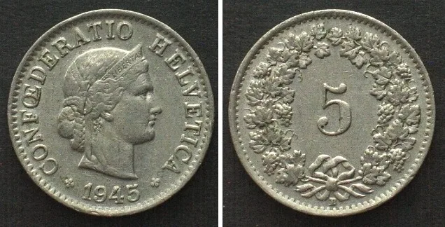 1941 SWITZERLAND 5 Rappen 1941 nickel AU!