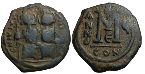 Justin II and Sophia. 565-578 AD Follis  Constantinople mint.