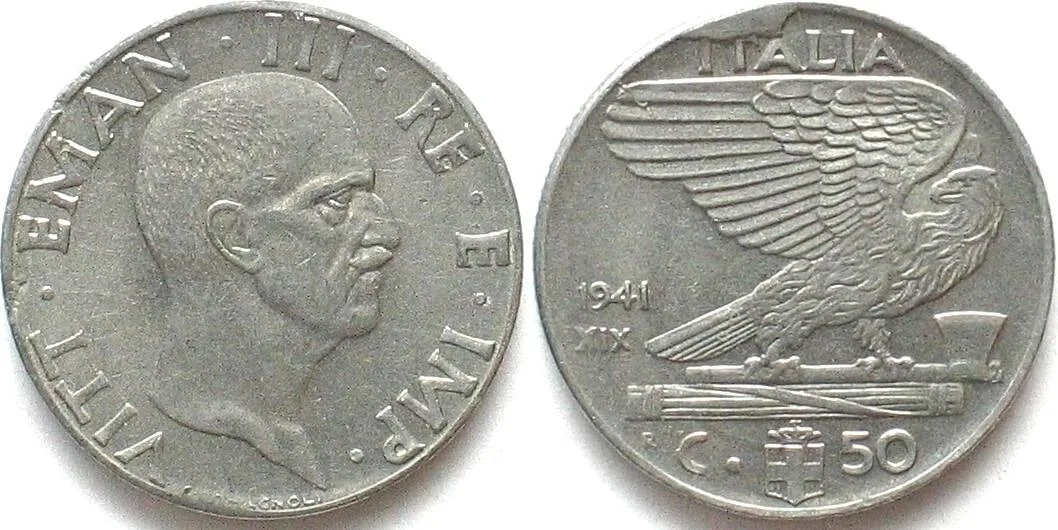1941 ITALY 50 Centesimi 1941 VITTORIO EMANUELE III magnetic MINT ERROR UNC-