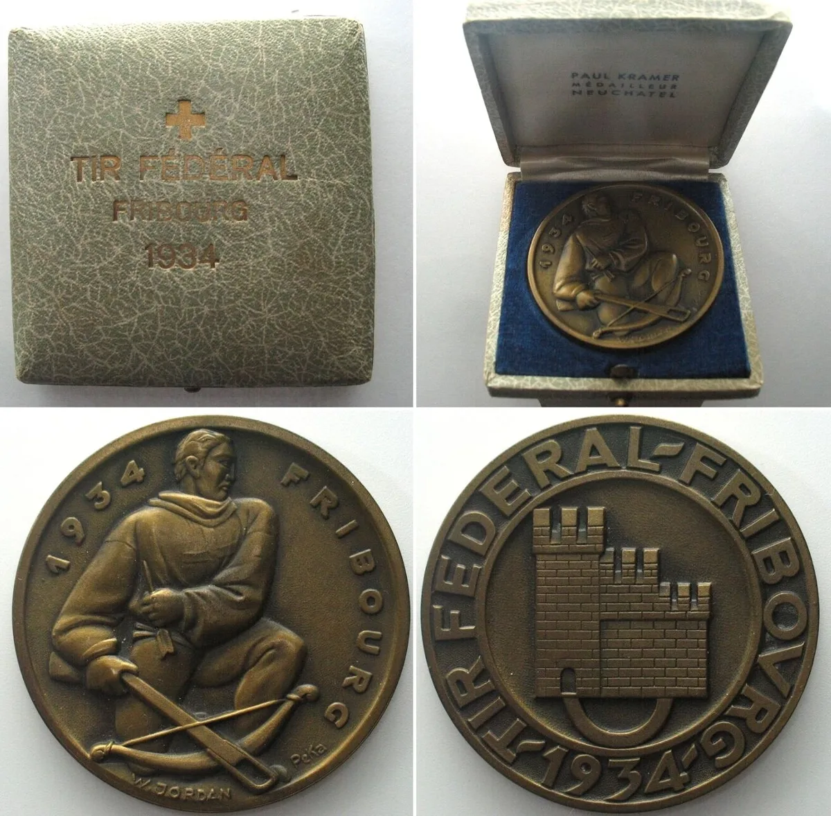 1934 FRIBOURG FEDERAL SHOOTING 1934, Medal, bronze, 50mm, w. original lettered box! UNC