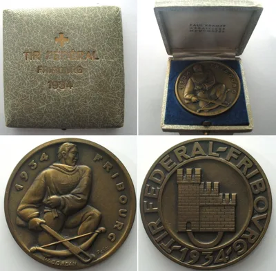1934 FRIBOURG FEDERAL SHOOTING 1934, Medal, bronze, 50mm, w. original lettered box! UNC