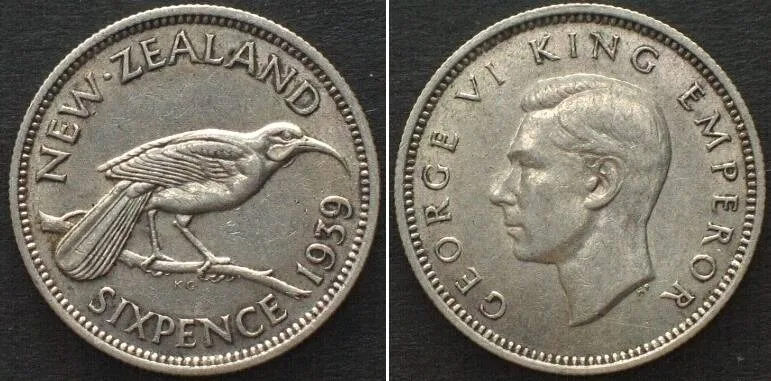 1939 NEW ZEALAND. 6 Pence 1939, Huia bird, GEORGE VI silver, SCARCE DATE! AU