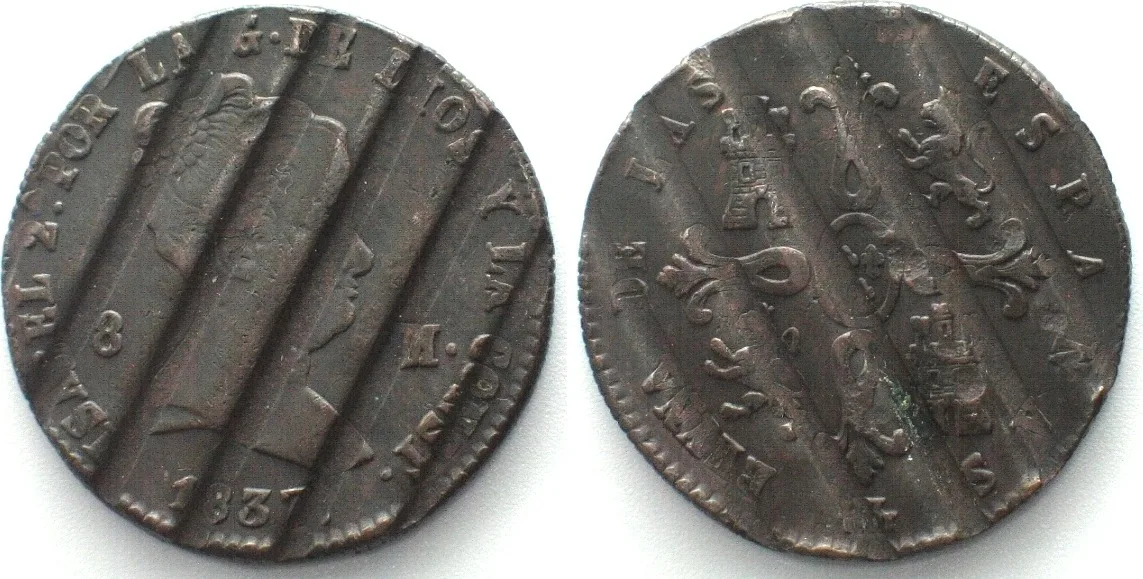 1837 SPAIN. DEMONETIZED 8 Maravedis 1837 Aqueduct, Segovia mint, ISABEL II copper XF! EF