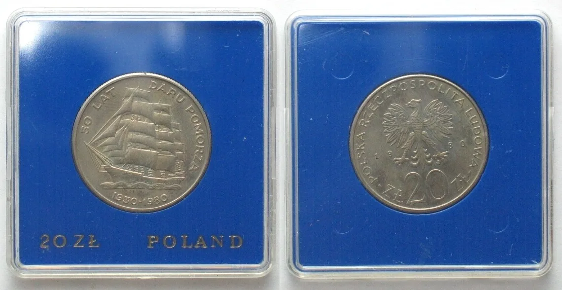 1980 POLAND 20 Zlotych 1980 Ship DAR POMORZA Cu-Ni BU
