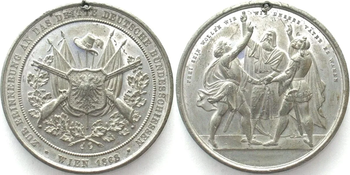 1868 THIRD GERMAN FEDERAL SHOOTING FESTIVAL VIENNA 1868 white metal 45mm UNC