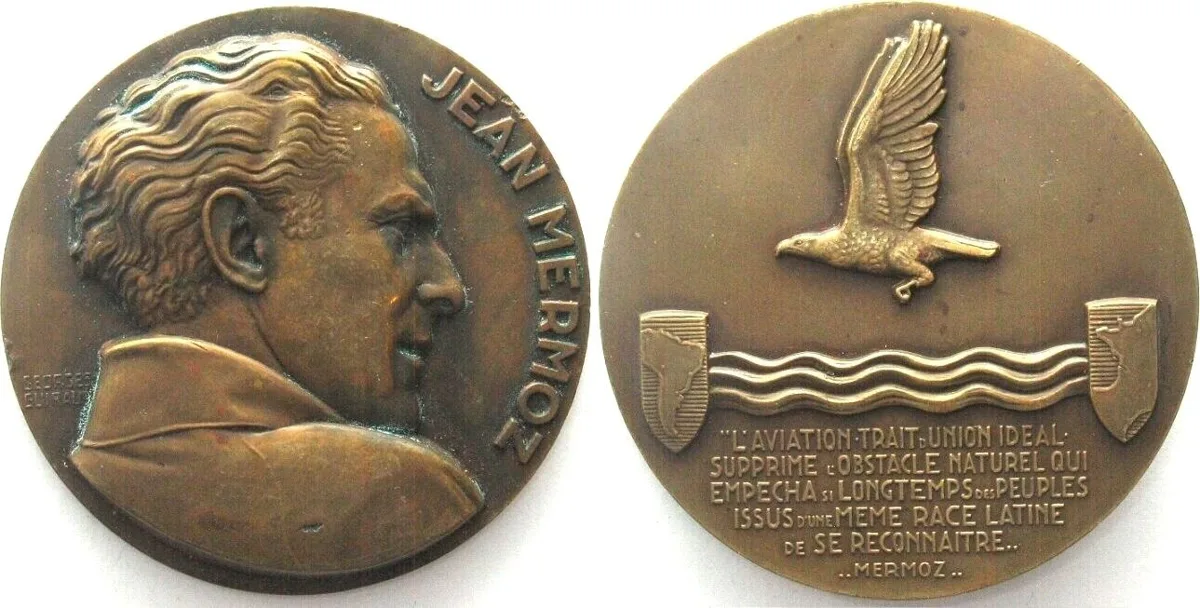 1936 JEAN MERMOZ aviator Medal ND(1936) by G. Guiraud bronze 68mm AU