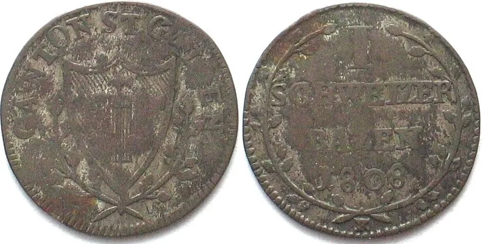 1808 Swiss Cantons SAINT GALL, Canton. 1 Batzen 1808 billon aVF VF-