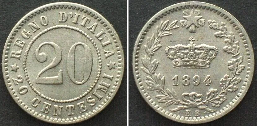 1894 ITALY. 20 Centesimi 1894 KB, Cu-Ni UNC!!!