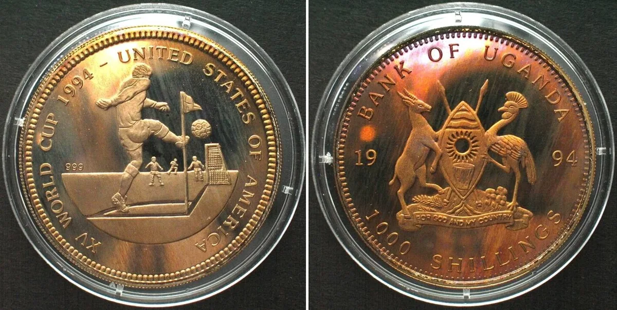 1994 UGANDA - PATTERN 1000 Shillings 1994 SOCCER WORLD CUP Cu-Ni SCARCE! Proof