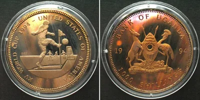 1994 UGANDA - PATTERN 1000 Shillings 1994 SOCCER WORLD CUP Cu-Ni SCARCE! Proof