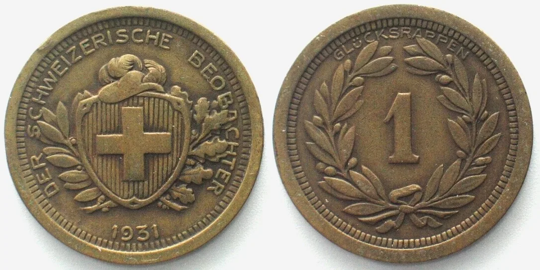 1931 DER SCHWEIZERISCHE BEOBACHTER Lucky Rappen 1931 bronze 27mm EF