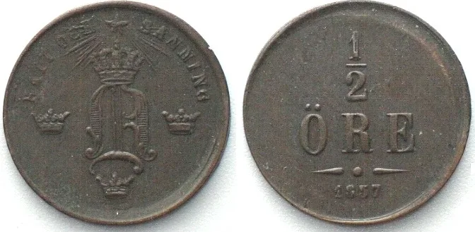 1857 SWEDEN. 1/2 Öre 1857, OSCAR I, copper AU!