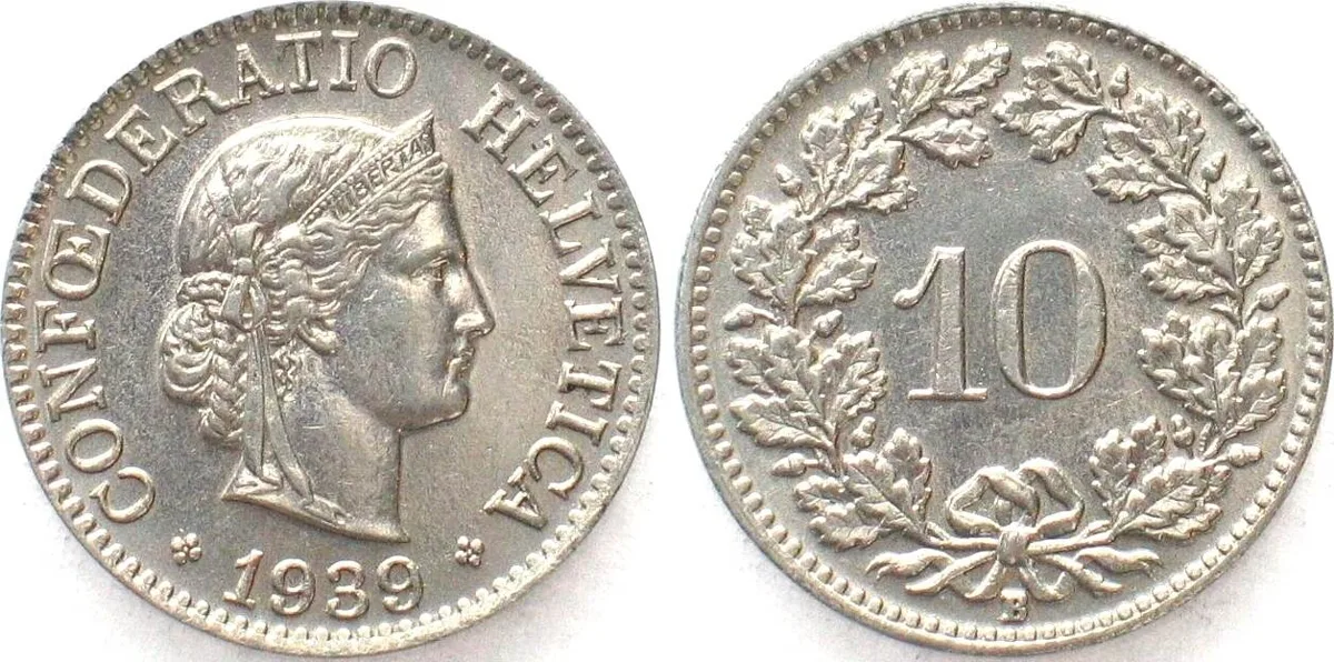 1939 SWITZERLAND 10 Rappen 1939 nickel UNC!