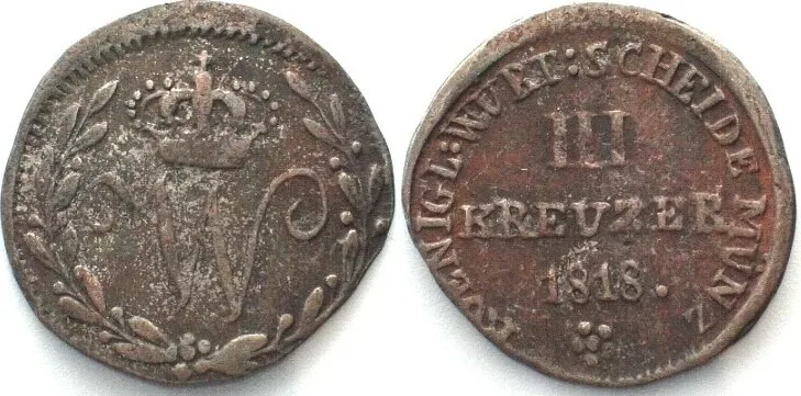 1818 WURTTEMBERG 3 Kreuzer 1818, WILHELM I, billon VF+ SCARCE! VF+