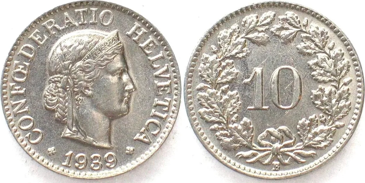 1939 SWITZERLAND 10 Rappen 1939 nickel UNC!