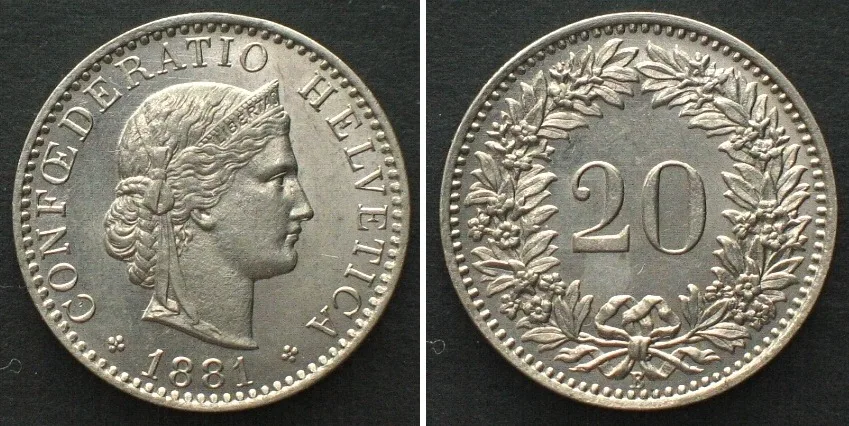 1881 SWITZERLAND 20 Rappen 1881 nickel SPECIMEN, UNC- RARE! Specimen