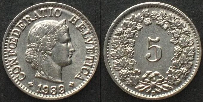 1939 SWITZERLAND 5 Rappen 1939 nickel UNC!
