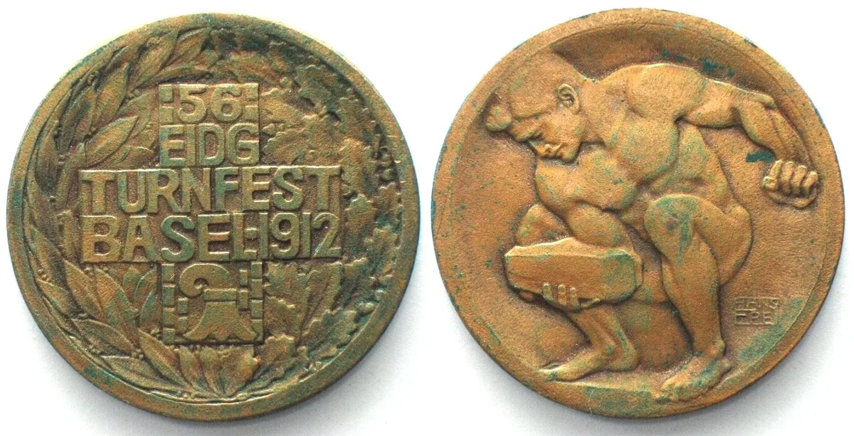 1912 BASEL FEDERAL GYMNASTIC TOURNAMENT 1912 by HANS FREI bronze 34mm UNC-