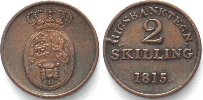 1815 DENMARK. 2 Skilling Rigsbanktegn 1815, FREDERIK VI, copper XF! EF