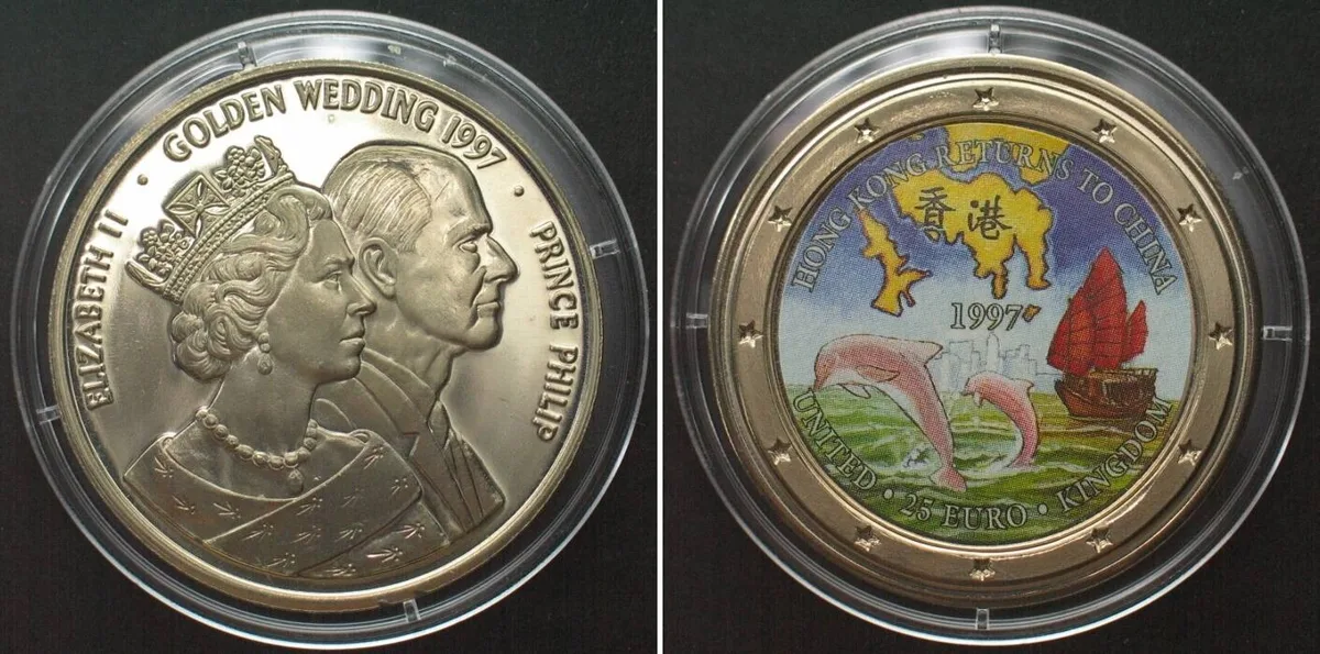 1997 UK 25 Euro 1997 Map HONG KONG RETURNS TO CHINA / GOLDEN WEDDING Cu-Ni BU