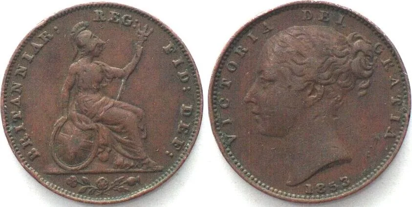 1853 GREAT BRITAIN. Farthing 1853, VICTORIA, copper, VF+