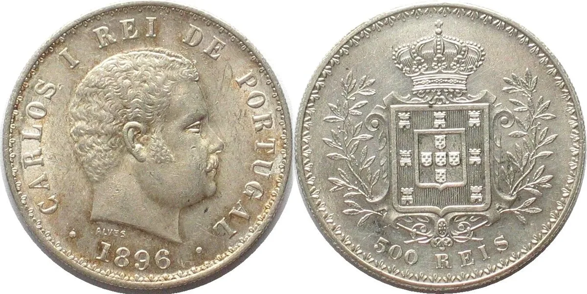1896 PORTUGAL 500 Reis 1896 CARLOS I silver UNC-!