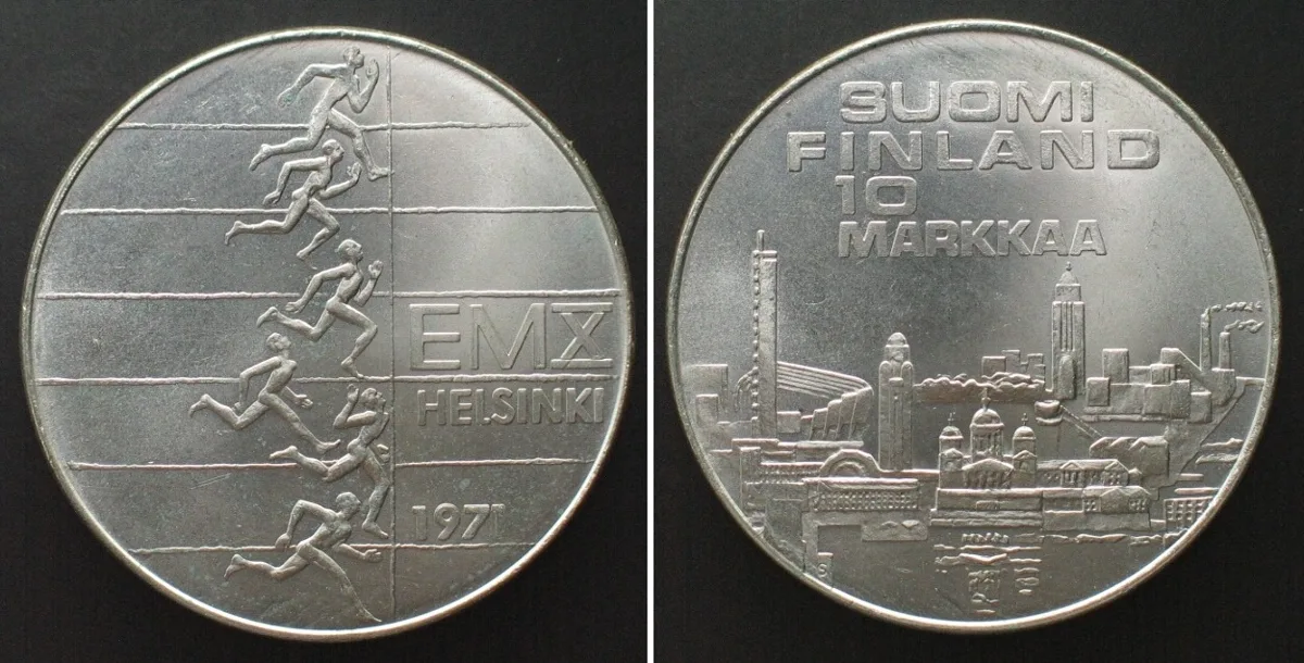 1971 FINLAND 10 Markkaa 1971 10TH EUROPEAN ATHLETIC CHAMPIONSHIPS silver BU!!!