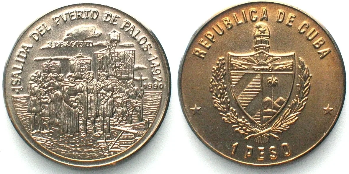 1990 CUBA 1 Peso 1990 Columbus departing from Spain DISCOVERY OF AMERICA Cu-Ni BU