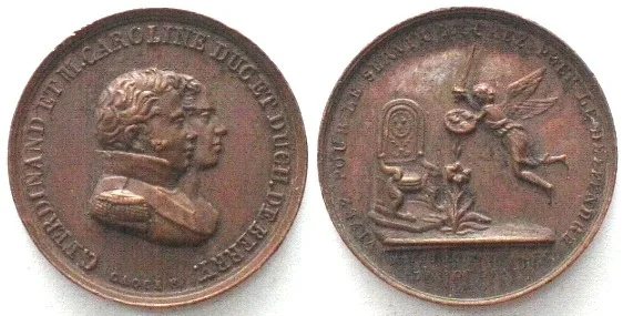 1820 FERDINAND & CAROLINE DE BERRY. 1820 BIRTH OF DUKE OF BORDEAUX copper 14mm AU