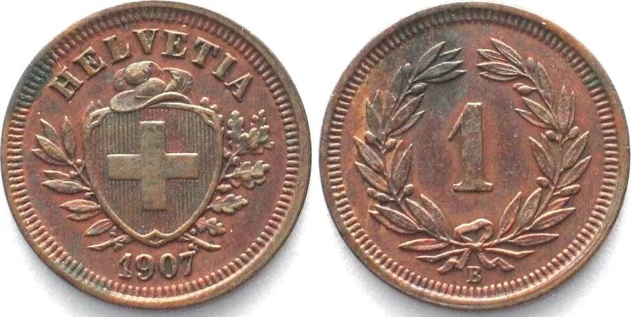 1907 SWITZERLAND 1 Rappen 1907 bronze AU!